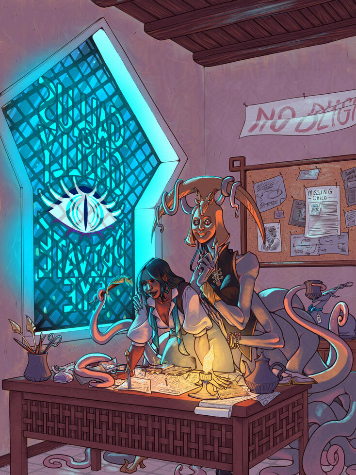 A nocturnal view of the inside of Neve Gallus' study, from Dragon Age: The Veilguard. On the left, a neon sign on the window lights the scene in blue, it says "Gallus and Ghilly, private eye", with the logo of an eye in the middle. Neve is leaning over a d