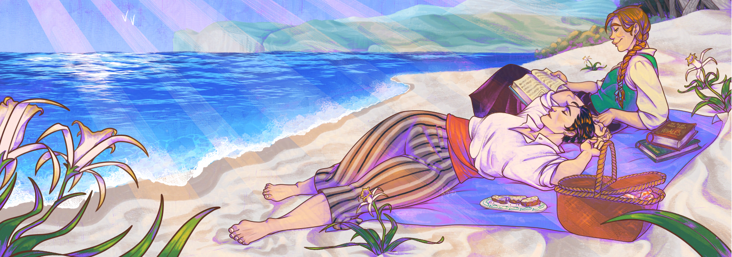 A digital illustration of two girls having a picnic on a white beach in Sardinia. One character is napping, lazily spread on the blanket close to a dish full of traditional cookies called Papassini. The other is reading, but still holding the first's hand.
