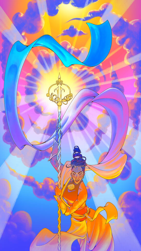 A vertical digital illustration of Avatar Sonam with her staff, from the movie Avatar Aang: The Last Airbender.