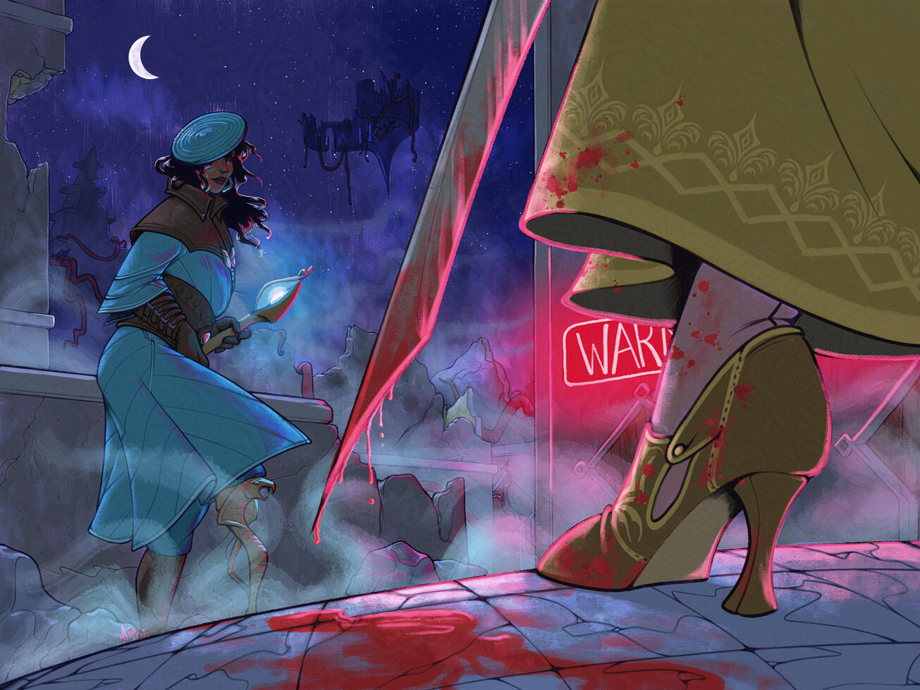 A coloured illustration depicting a nocturnal scene viewed from the bottom up. A sickle moon is lighting Neve Gallus, from Dragon Age: The Veilguard. She's dressed in turquoise with a brown protection on her shoulders, and holding a magic staff whose cryst