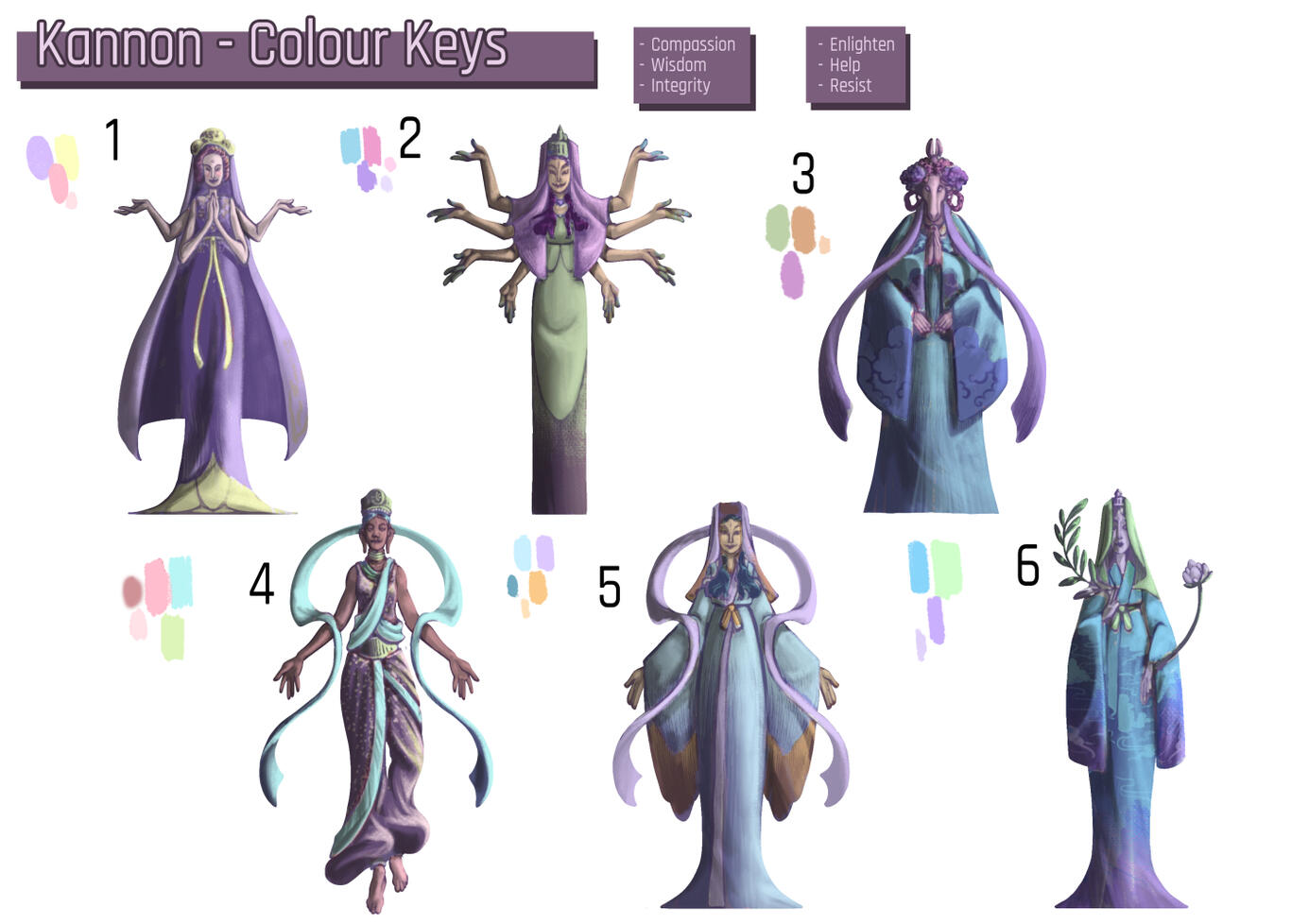 Values with some added colours. Her traditional attire is white, but I wanted to space a little bit more. I chose a delicate pastel palette, not to stray too much from the sources.
