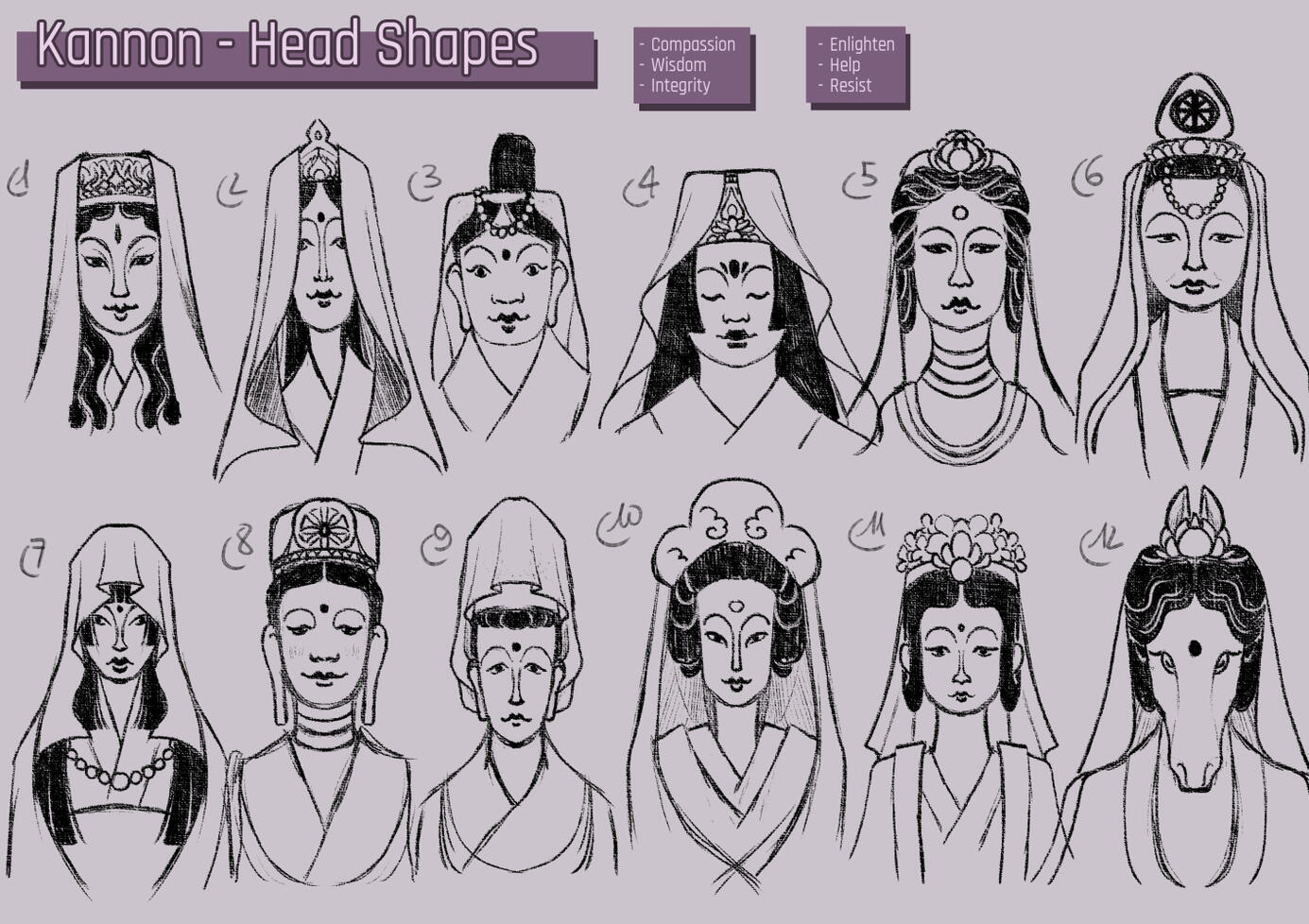 Exploration for features and facial shapes. The horse one is inspired by a particular interpretation of Kannon I found on one website. I couldn't double check it was actually a depiction of Kannon, but I liked the reference enough to keep this idea. All va