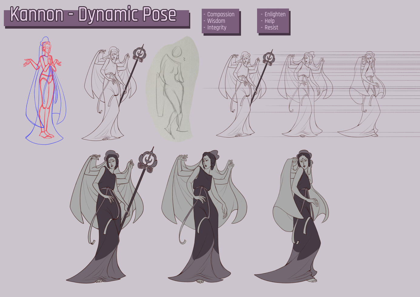 I set the character on a more dynamic pose, after a session of gesture drawing, and did a turnaround of the pose to familiarize with it and the character.