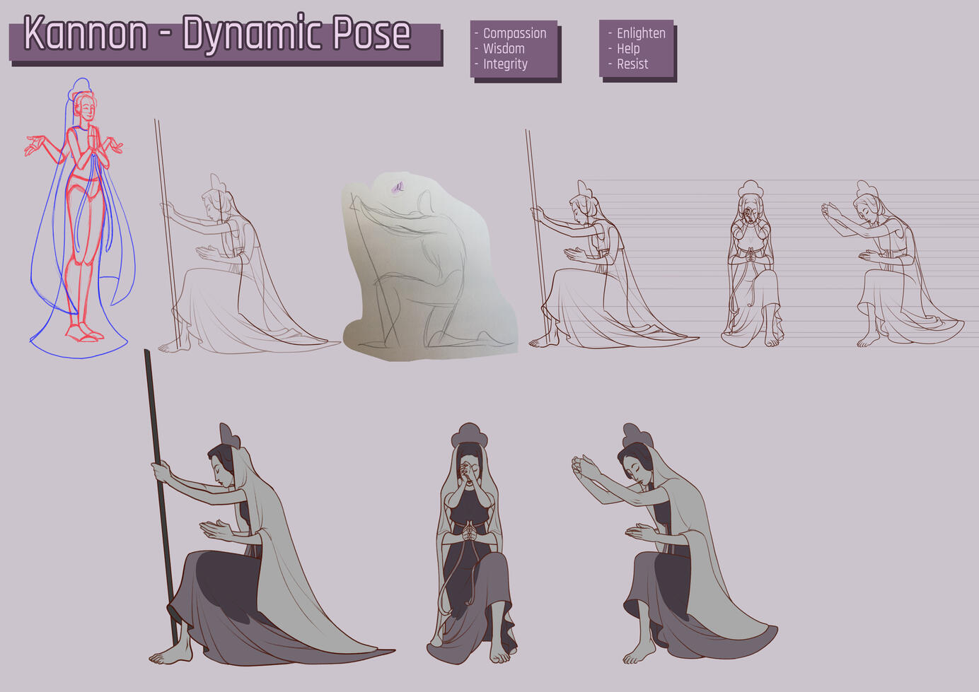 Dynamic Pose Variant I did another set of dynamic pose and turnaround, to find something more linked to Kannon's spiritual role. In the end, I preferred the other one, albeit I would have liked to paint her praying, I preferred to go on a more vertical pose, leaning towards th