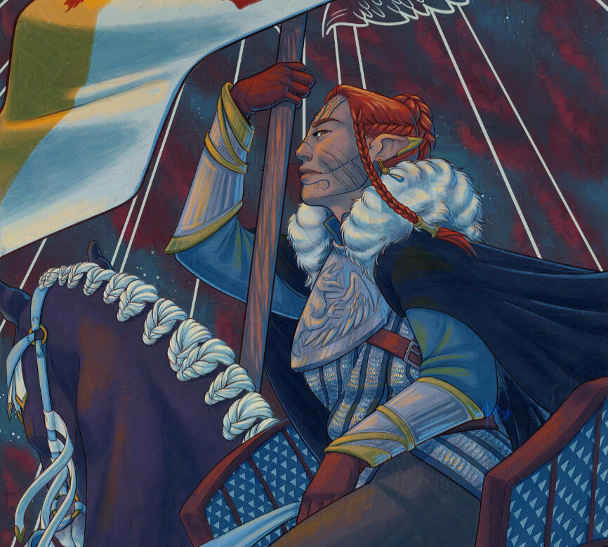 A coloured illustration of a woman riding a horse and holding a medieval standard. She's looking from upside down to the viewer, and is dressed in armour.
