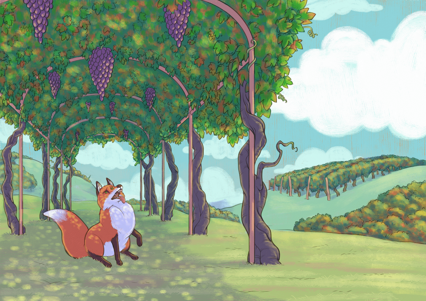 The Fox and the Grapes Work for a private client for an ongoing fairy tales book project. A chubby red fox is sitting in a vine scaffolding, and looking hungrily at the grapes hanging down. Inviting, but just out of reach.